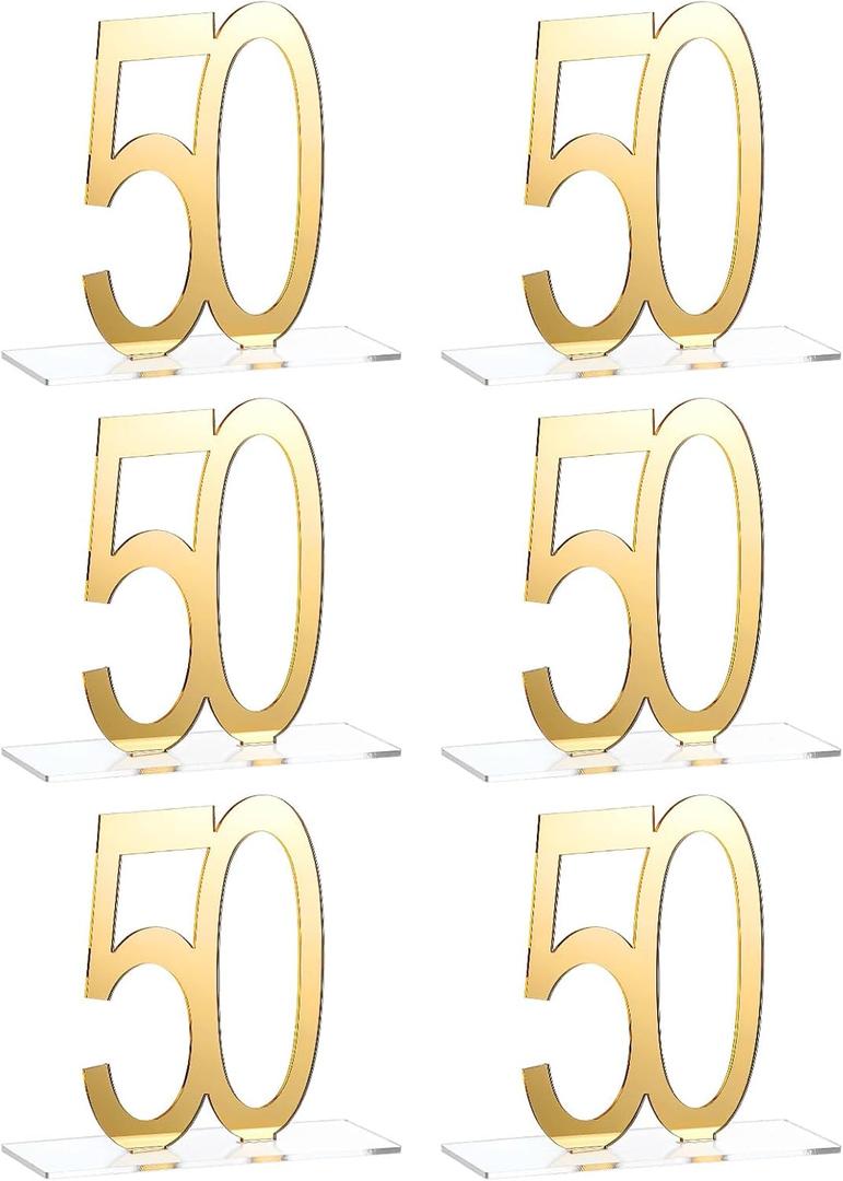 6 Pcs Mirror Gold 50th Birthday Decorations, Acrylic Table Numbers for Men and Women Centerpieces for Anniversary Birthday Party Decor