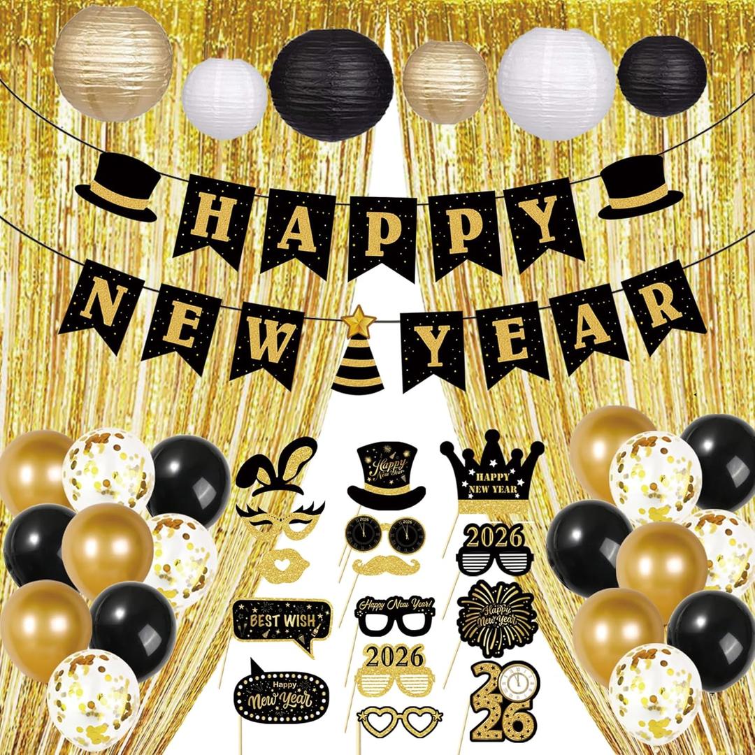 New Years Decorations 2026  Gold Black White Happy New Year Decorations Kit with Banner, Balloons, Fringe Curtains, Lanterns & Photo Booth Props  New Years Eve Party Supplies for Home & Events