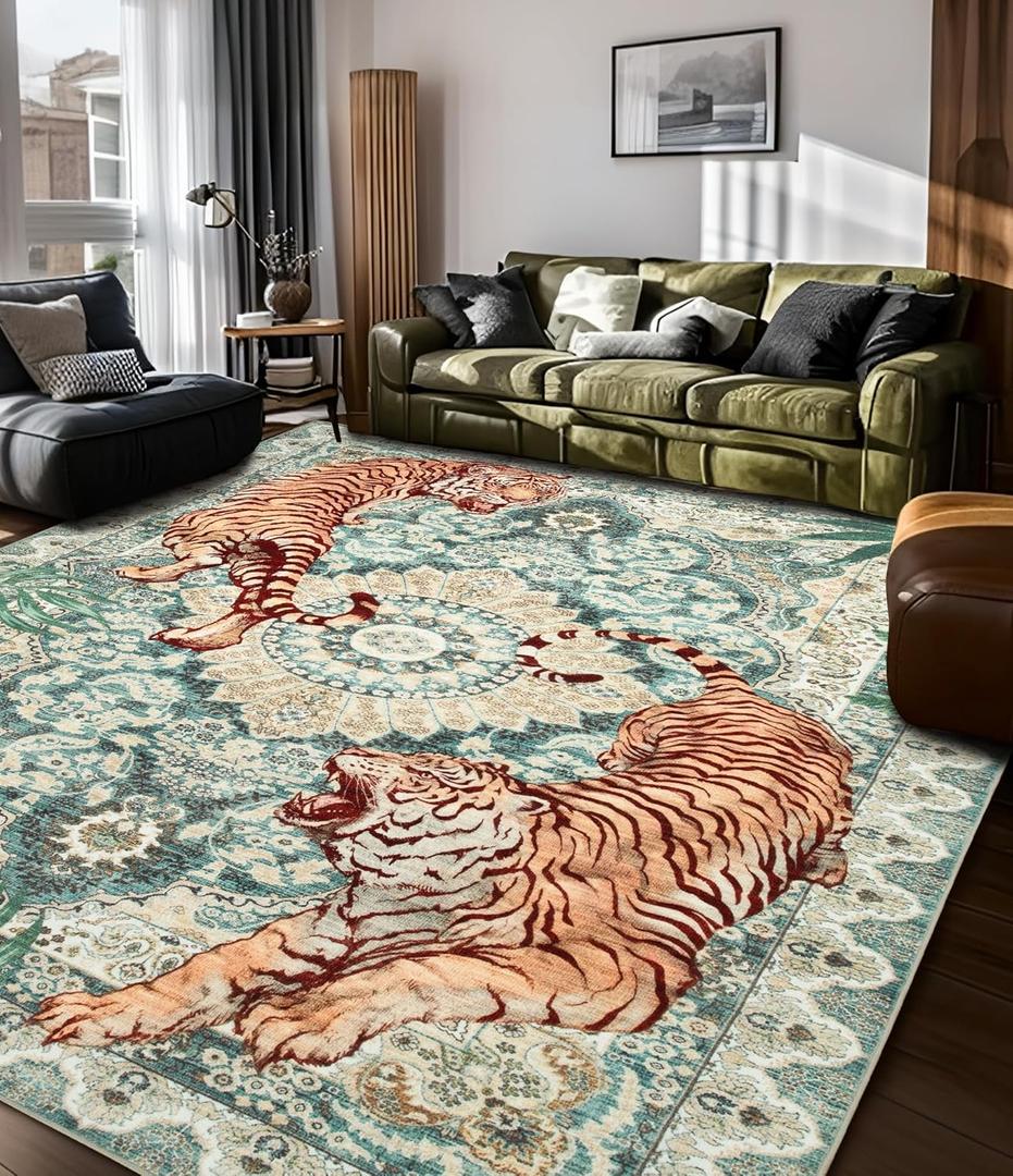 chakme Tiger Green Washable Area Rugs 6x9, Soft Bedroom Rug for Living Room Ultra-Thin Non Slip Dining Room Rug, for Nursery, Classroom, Playroom, Bedroom (Green, 6x9FT)