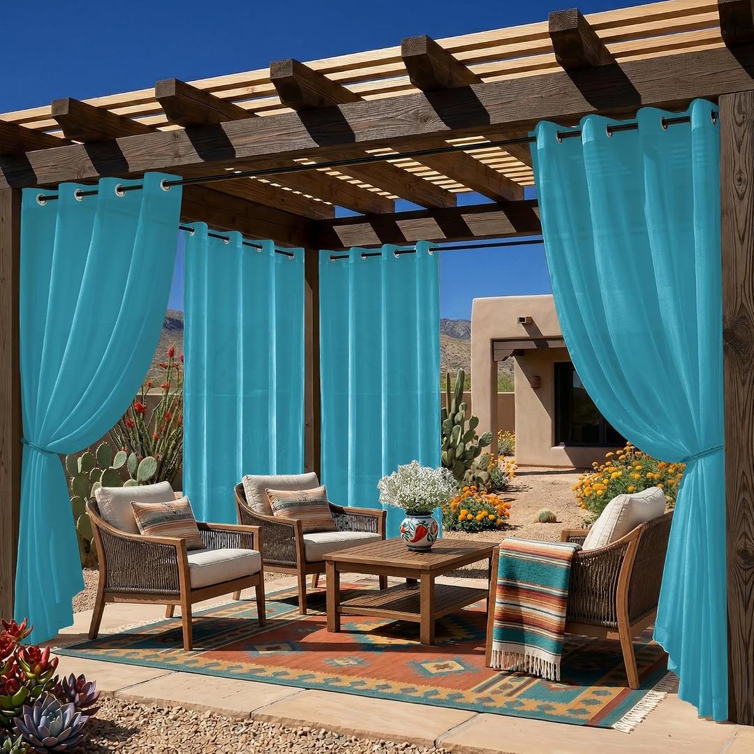 4 Panels Outdoor Sheer Curtains for Patio Waterproof with Grommet | Light Filtering Draps for Porch, Pergola, Cabana, Outside & Indoor Bedroom Living Room, 4PCS x 100"W x 84"L, Teal