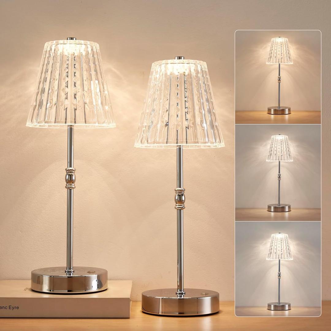 Cordless Table Lamp, 5000mAh Rechargeable Battery Operated Portable Lamp, Dimmable+3 Colors LED Touch Control, Modern Crystal Lamp for Bedroom, Kitchen, Bar, Office (Sliver-2 Pack)