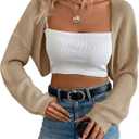 Women's Cardigan Shrugs Long Sleeve Knit Cropped Bolero Shrug Open Front Casual Cardigans for Dresses (Beige, L)