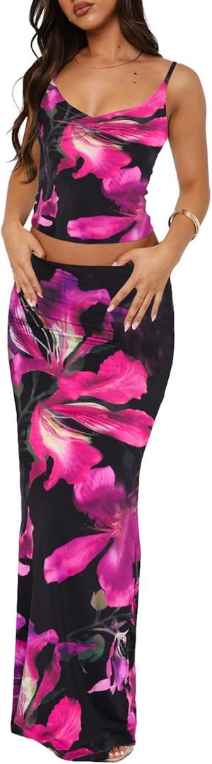 Two Piece Skirt Set for Women - Sexy Sleeveless Spaghetti Strap Pleated Tank Top Maxi Long Skirts Sets, Floral, XS
