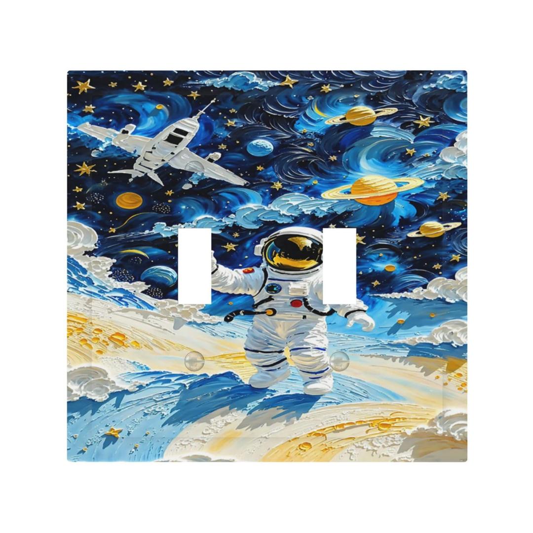 3 x Astronauts Spaceships Planets Stars Decorative Switch Plates 2 Gang Double Toggle Wall Plate Outlet Light Switch Cover Electrical Faceplate for Bedroom Bathroom Decor