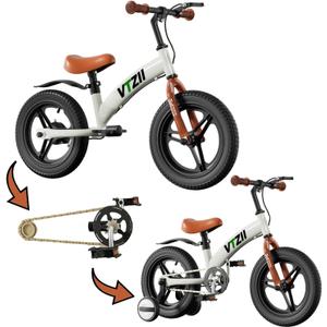 VTZII Balance Bike 2 in 1 with Pedals Brake Training Wheels Kickstand Pneumatic tyre, for Kids 2-7 Years Old, Kids Bike 12 14 16 inch (White, 14 inch)