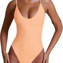 REORIA Womens Summer Sexy Deep Round Neck Double Lined Sleeveless Trendy Going Out Bodysuit Tank Tops (Large, Peach Fuzz)