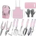 Pink Garden Tool Sets 12 Pieces, iHansee Aluminum Gardening Hand Tools with Non-Slip Handle, Kneeling Pad, Apron, Gloves and Organizer Bag, Landscaping Tools - Gift for Women & Garden Enthusiasts