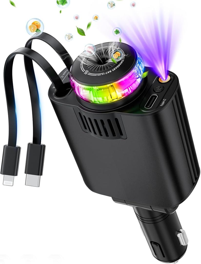 Starlight Retractable Car Charger with Aromatherapy, 5 in 1 Fast Charging 66W Car Phone Charger Adapter, USB C Car Accessories Compatible with iPhone 16/15/14/13/12/11 and Android (Black)