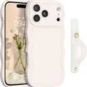 GUAGUA for iPhone 17 Pro Max Case with Wrist Strap, Wavy Edge Phone Case Cute Curly Shape with Adjustable Wristband Kickstand Shockproof Anti Slip Phone Case for iPhone 17 Pro Max, Antique White