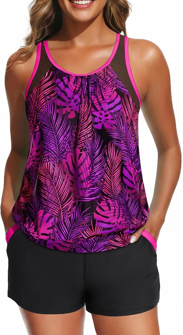 Women Blouson Tankini Swimsuit with Shorts - 2 Piece Tummy Control Bathing Suit Modest Mesh Racerback Top with Pockets 2026 XL