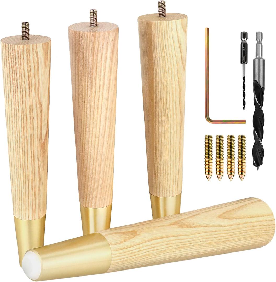 Airy Abode Premium Ash Wood Furniture Legs with Gold Caps (Full Install Kit), 10 Inches
