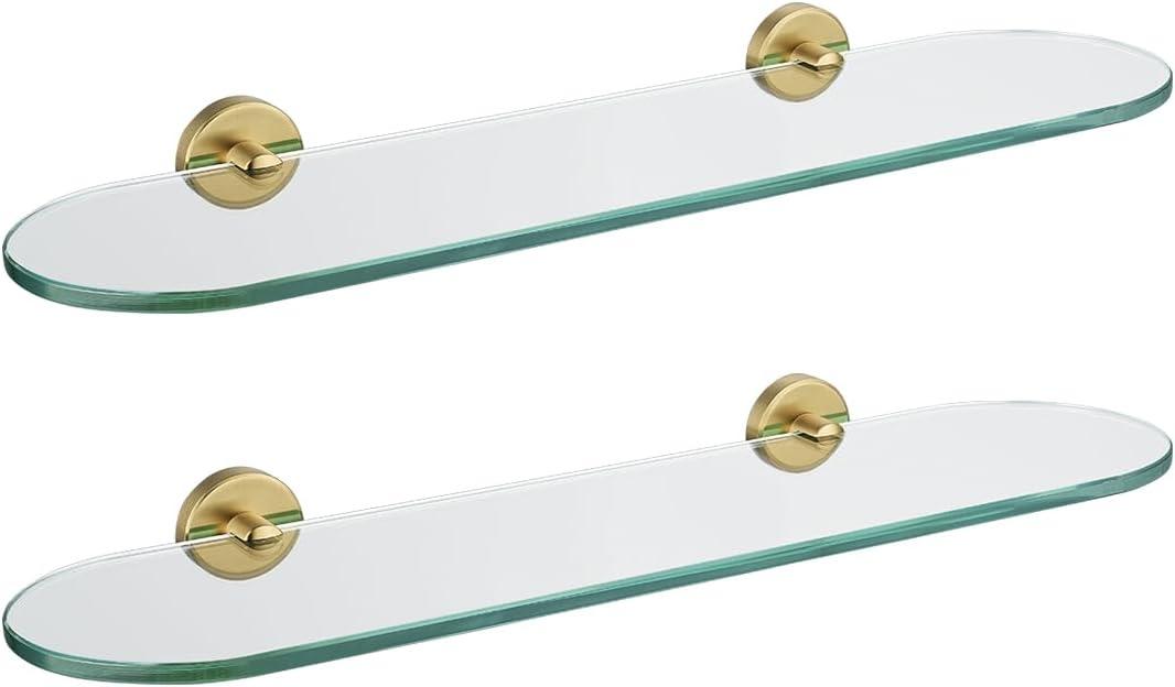 JQK Bathroom Glass Shelf, Floating Tempered Glass Shower Storage 20 by 5 inches, 304 Stainless Steel Brushed Gold Wall Mount 2 Pack 2 Pack, TGS121L20-BG-P2
