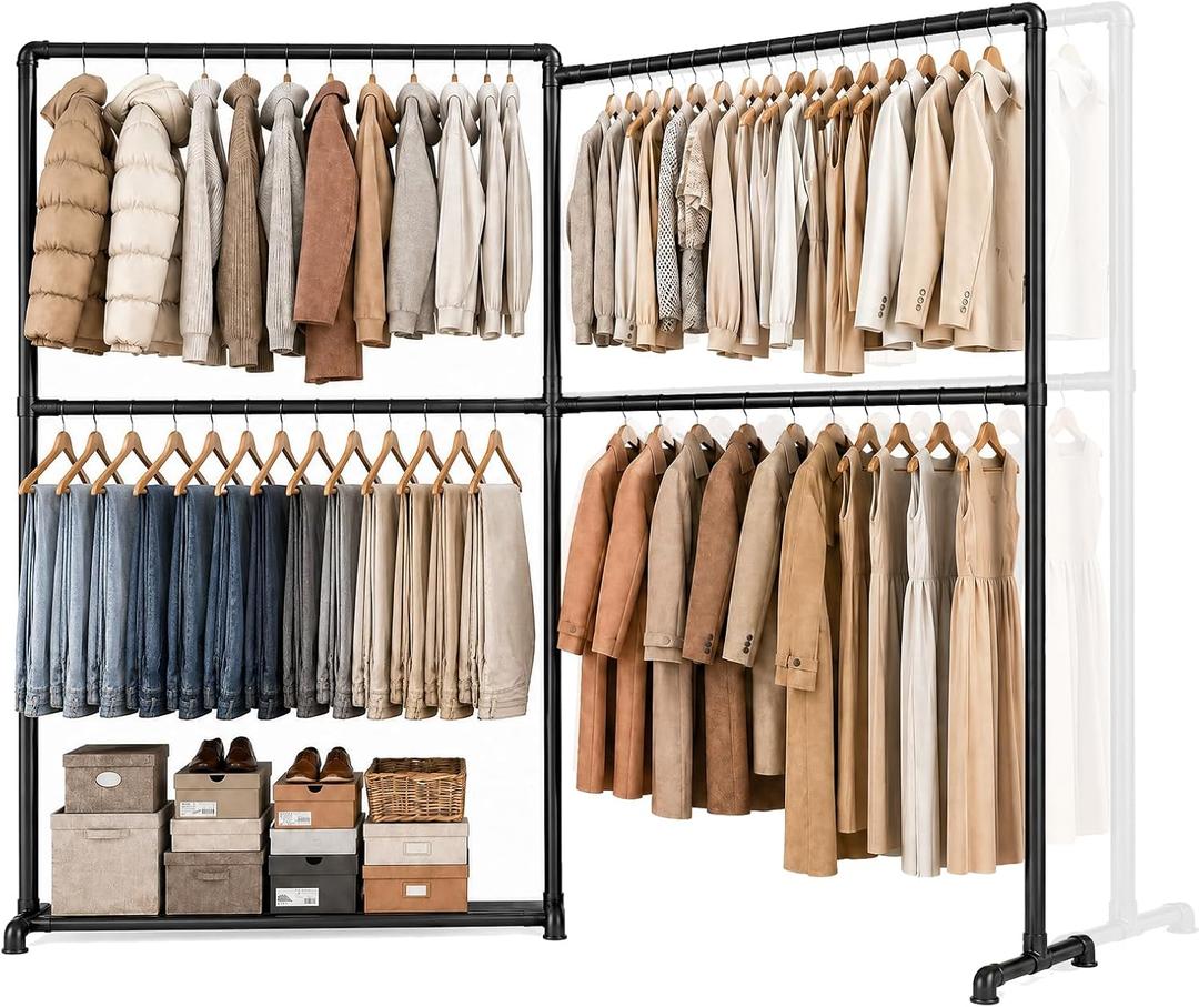 LOEFME Sturdy Metal Clothes Rack, 396 lb Capacity, 76.8 x 17.7x 66.9 Inch Freestanding Clothing Rack with 4 Hanging Rods, 360 Foldable Side Arms and Bottom Shelf for Bedroom, Closet, Retail