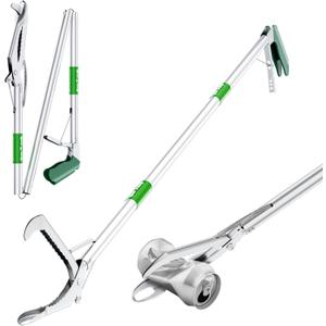 LURMMUE 50" Foldable Grabber Reacher Tool with Green Handle, Extra Long Lightweight Trash Pickup & Litter Picker, 3-Fold Stainless-Steel Reaching Aid for Home, Office & Garden Use