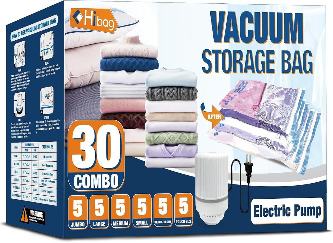 HIBAG Vacuum Storage Bags with Electric Pump, Vacuum Seal Bags for Clothing, Pillows, Blanket Bedding Comforters, 30 pack, 30-COMBO
