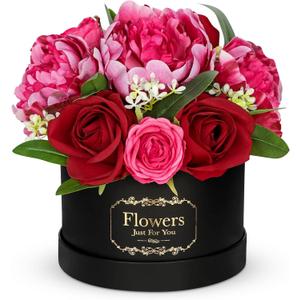 Hollyone Red Artificial Peonies Roses in Vase Round Gift Boxes with Fake Flowers Arrangements Faux Flowers Floral in Box Vase for Her Mothers' Day Valentine's Day Christmas Birthday Graduation Gift