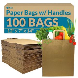 Reli. Paper Grocery Bags w/Handles (100 Pcs, Bulk)(12"x7"x14") Large Paper Grocery Bags with Handles - Heavy Duty 57 Lbs Basis - Shopping, Takeout/To Go, Retail (Brown/Kraft)