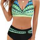 SEAFORM Womens Two Piece Swimsuits Wrap Front Bikini High Waisted Bottom Tummy Control Bathing Suits Vintage Print Swimwear S