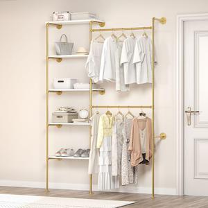 Industrial Pipe Clothing Rack, Wall Mounted DIY Garment Rack with 2 Adjustable Rod & 5 Shelves, Heavy Duty Closet Organizers System in Wardrobe Closet, Gold (80"H x 55"W x 11.8D)