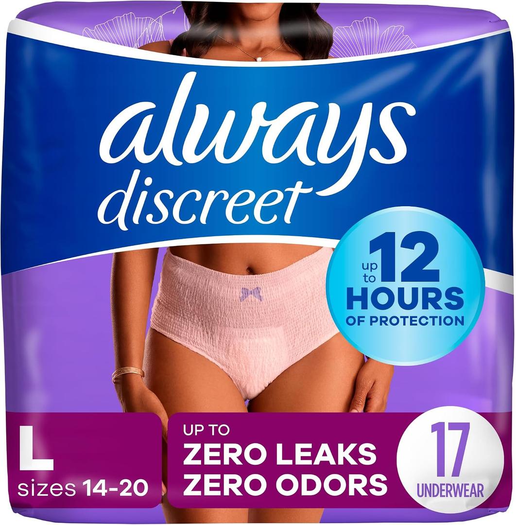 Always Discreet Adult Diapers for Women, Incontinence Underwear, Postpartum Essentials, Disposable Briefs, Max Absorbency, Bladder Leak Protection, Large, 17ct