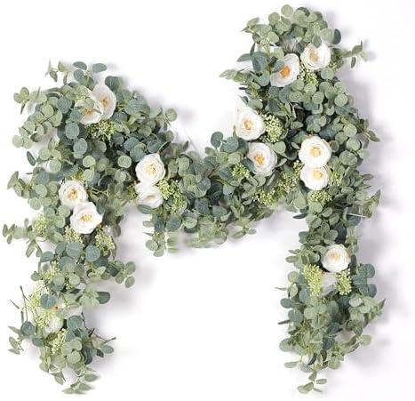 PARTY JOY 2pcs 6.56ft Eucalyptus Garland with Flowers-8 White Roses, Artificial Fake Flowers Greenery Garland Floral Vines for Decoration Party Wedding Table Indoor Outdoor Backdrop Wall Decor(White)