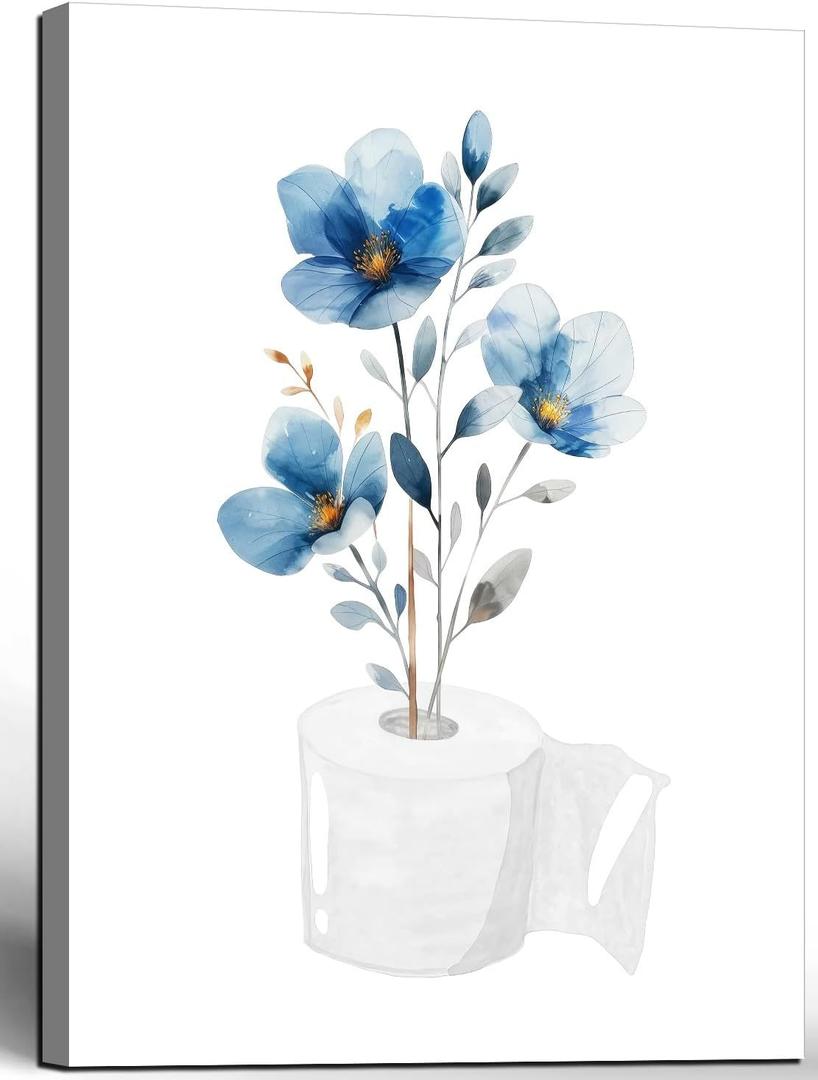 Framed bathroom canvas wall art with blue flowers embellishing toilet paper; elegant floral bathroom decorative painting for living room and bedroom; gallery style; 12x16 inches; can be hung directly.