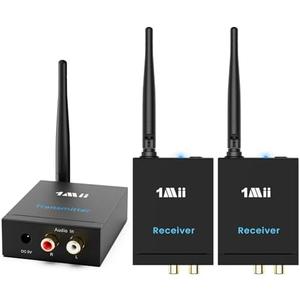 1Mii 2.4GHz (1 TX + 2 RX) Wireless Audio Transmitter and Receiver for TV, 20ms Ultra Low Delay RCA Out/ in, 320 ft Range Wireless Adapter for Subwoofer to TV/ PC/ CD Player, 2 Receivers for Two Speakers