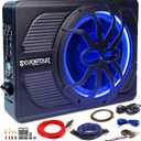 10" Upgrade 800W Slim Under Seat Powered Car Subwoofer, Car/Truck Audio Sub Built in Amplifier amp Combo Package, with Blue LED Light (Subwoofer+Installation Wire Kit)