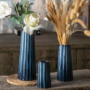 Blue Ceramic Vase Set 3, Modern Blue Vases, Farmhouse Decor, Rustic Decorative Vases for Fireplace, Entryway and Living Room, Centerpiece Table Decorations