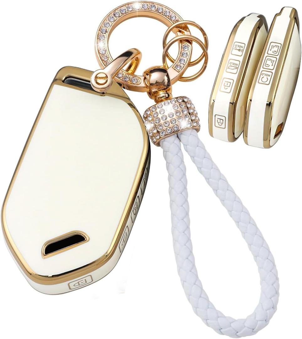Key Fob Cover with Bling Keychain 7 Buttons Fit for Kia Telluride EV9 Sportage Carnival KX3 Picanto GT Line Sorento TPU Smart Key Shell Case Key Protection Cover Key Ring case -White