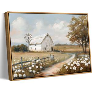 Framed Barn Canvas Wall Art Farmhouse Rustic Decor Pictures Farm Windmill Countryside Nature Field Meadow Flower Posters Prints for Home Decoration Bathroom Bedroom Living Room Decoration, Size: 16"L x 12"W