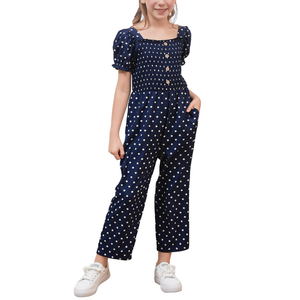 GORLYA Girls Puff Sleeve Casual Button Shirred Jumpsuit Outfits Straight Wide Leg Pant Jumper Rompers (GOR1199, 14Y, Navy Dot)