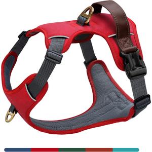 No Pull Dog Harness Medium Sized Dog,Stylish PU Leather Vest with Easy Control Handle,No Choke Front Clip with 2 Metal Leash Clips,Reflective & Adjustable for Walking,Red,Chest 22-29"