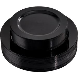 FLOWERCAT 60PCS Black Plastic Plates  Heavy Duty Black Disposable Plates for 30 guests Halloween Party/Wedding/New Year  Include 30PCS 10.25inch Dinner Plates and 30PCS 7.5inch Dessert Plates