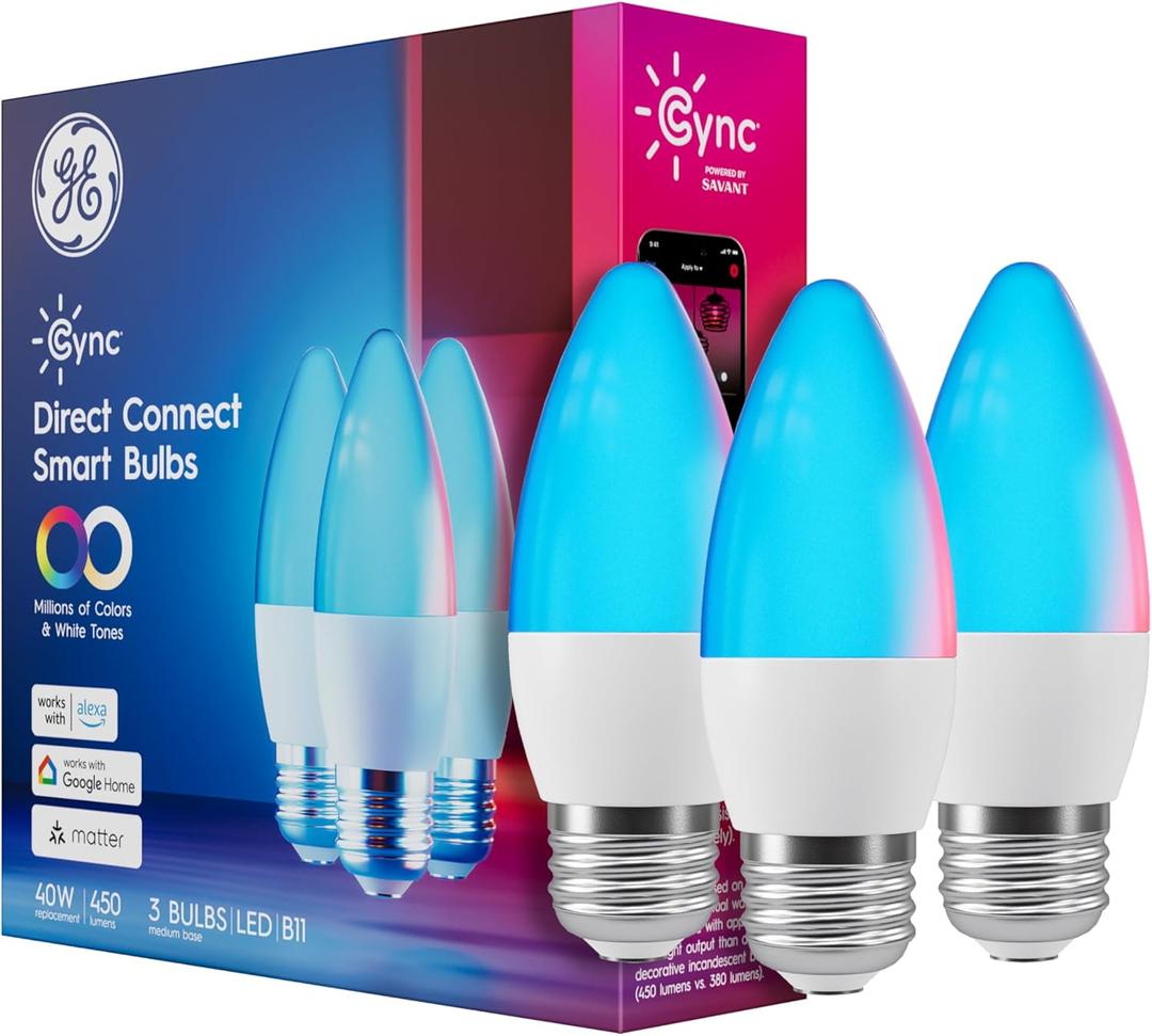 GE Cync Smart LED Light Bulbs, Color Changing Decorative Light Bulbs, Indoor WiFi Lights, Matter Compatible, Compatible with Alexa and Google Home, Medium Base (3 Pack)