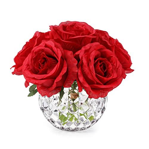 Rubystory 7 Large Stem Rose Red Artificial Flowers in Vase, Silk Flowers Arrangement in Round Glass Vase Without Water for Home Decor, Wedding Table (Red)