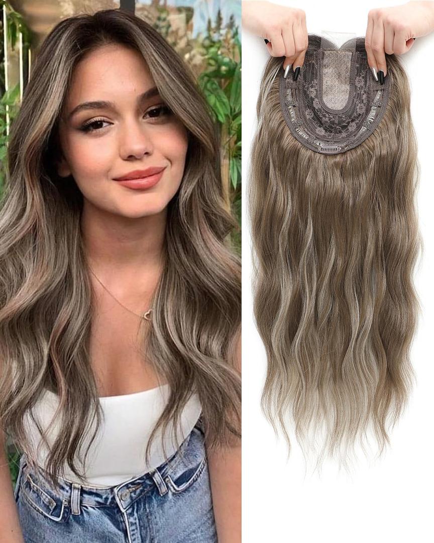 Hair Toppers for Women 20inch Wavy Hair Toppers for Women Toppers Hair Pieces for Women with Thinning Hair Ombre Highlight Synthetic Wig Clip In Hair Topper Wiglets with Fringe Bang Add Hair Volume (Highlights Dark Ash Brown)