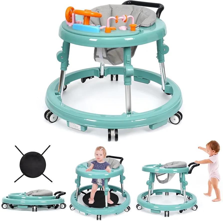 NVW Music and Lights Baby Walker Foldable with 9 Adjustable Heights, Baby Walker with Wheels Portable, Baby Walkers and Activity Center for Boys Girls Babies 7-18 Months (New-Green)
