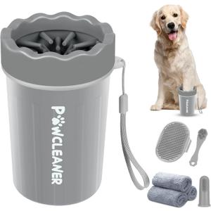 Professional 7 in 1 Dog Paw Cleaner for Dogs & Cats - Includes 1 Portable Paw Washer, 1 Bath Brush, 2 Dog Toothbrushes and 3 Absorbent Towels Note: Fits Paws 1.5 to 2.5 Inches Wide (Medium, Grey)