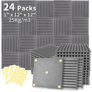 Focusound 24 Pack Grey Acoustic Foam Panels 1" x 12" x 12" Sound Proof Foam Panles Soundproofing Noise Cancelling Wedge Panels for Home Office Recoding Studio with 240PCS Double-Side Adhesive