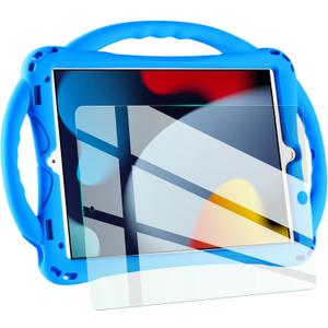 TopEsct Kids Case for iPad 10.2 inch - Shockproof Silicone Cover with Tempered Glass Screen Protector and Strap - Compatible with iPad 9th/8th/7th Gen (2021)"(Blue)
