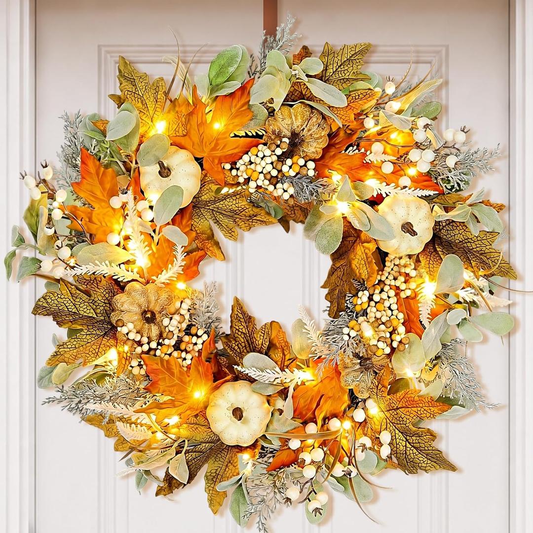 24in Pre-lit Front Door Fall Wreath, for Thanksgiving Home Decor
