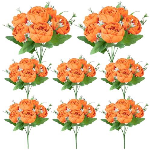 Ovveroche 8 Pack Orange Peonies Artificial Flowers, Fall Fake Silk Hydrangea Bouquet for Bridal Wedding Home Table Decor Reusable Dining Opening Ceremony Birthday Arrangement Faux Floral