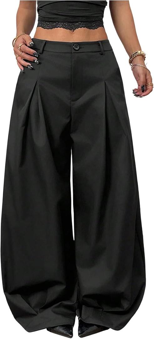 GORGLITTER Women's Wide Leg Barrel Pants Pleated Low Rise Baggy Oversized Dress Pants Business Casual Trousers with Pockets L