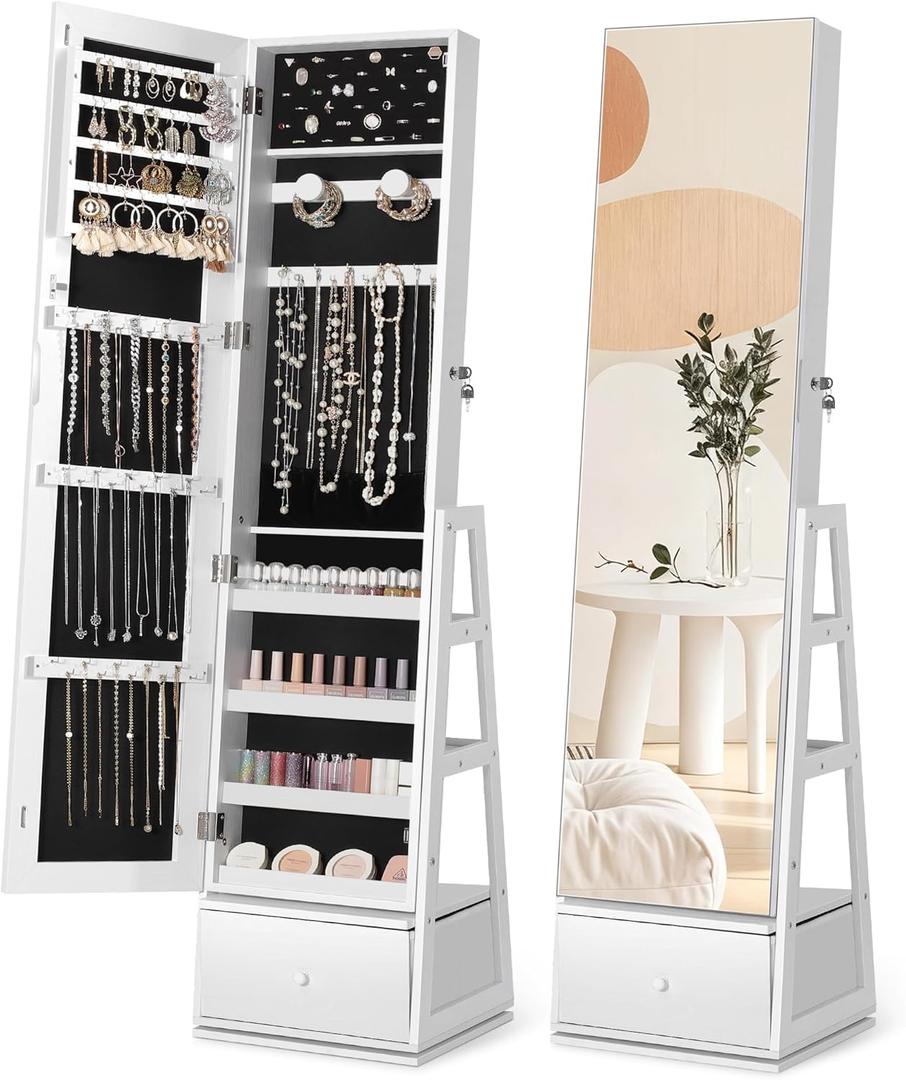 Nicetree 360Swivel Jewelry Cabinet, Rotatable Full Length Mirror with Jewelry Storage, Standing Jewelry Armoire Organizer, Lockable Jewelry Organizer with 3 Rear Shelves, Bottom Drawer, Pure White