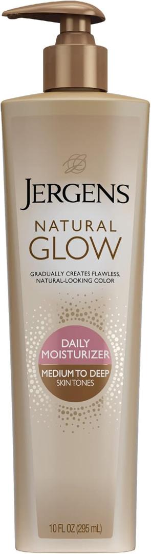 Jergens Natural Glow Self Tanner Body Lotion, Sunless Tanning, Medium to Deep Skin Tone, Daily Moisturizer with Coconut Oil, Vitamin E and Antioxidants 10 Oz