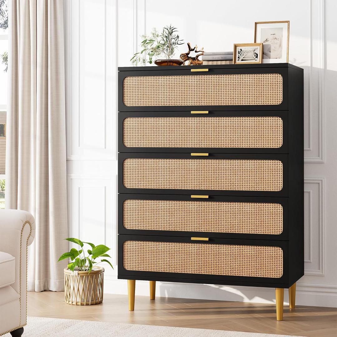 GarveeHome Rattan 5 Drawer Dressers for Bedroom, Tall Dresser with Deep Drawers, Large Chest of Drawers for Closet with Wide Top, Long Wooden Dresser for Living Room, Hallway, Kids Room, Black (31.5"D x 16.1"W x 47.2"H (5 Drawers))