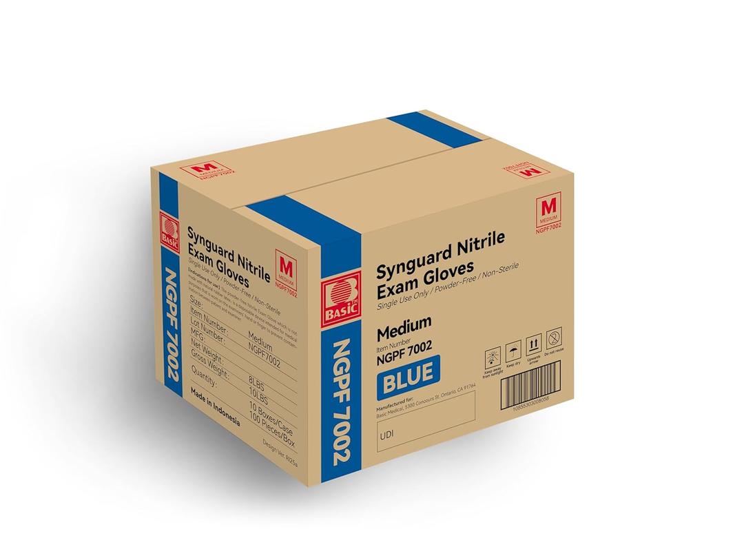 Basic Medical Blue Nitrile Exam Gloves - Latex-Free & Powder-Free - NGPF 7002 (Case of 1,000), Medium