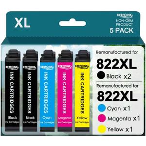 For 822XL Remanufactured Ink Cartridge Replacement for Epson 822XL Ink Cartridges 822 822 XL for Workforce Pro WF-3820 WF-3823 WF-4820 WF-4830 WF4833 Printer (Black Cyan Magenta Yellow, 5 Pack)