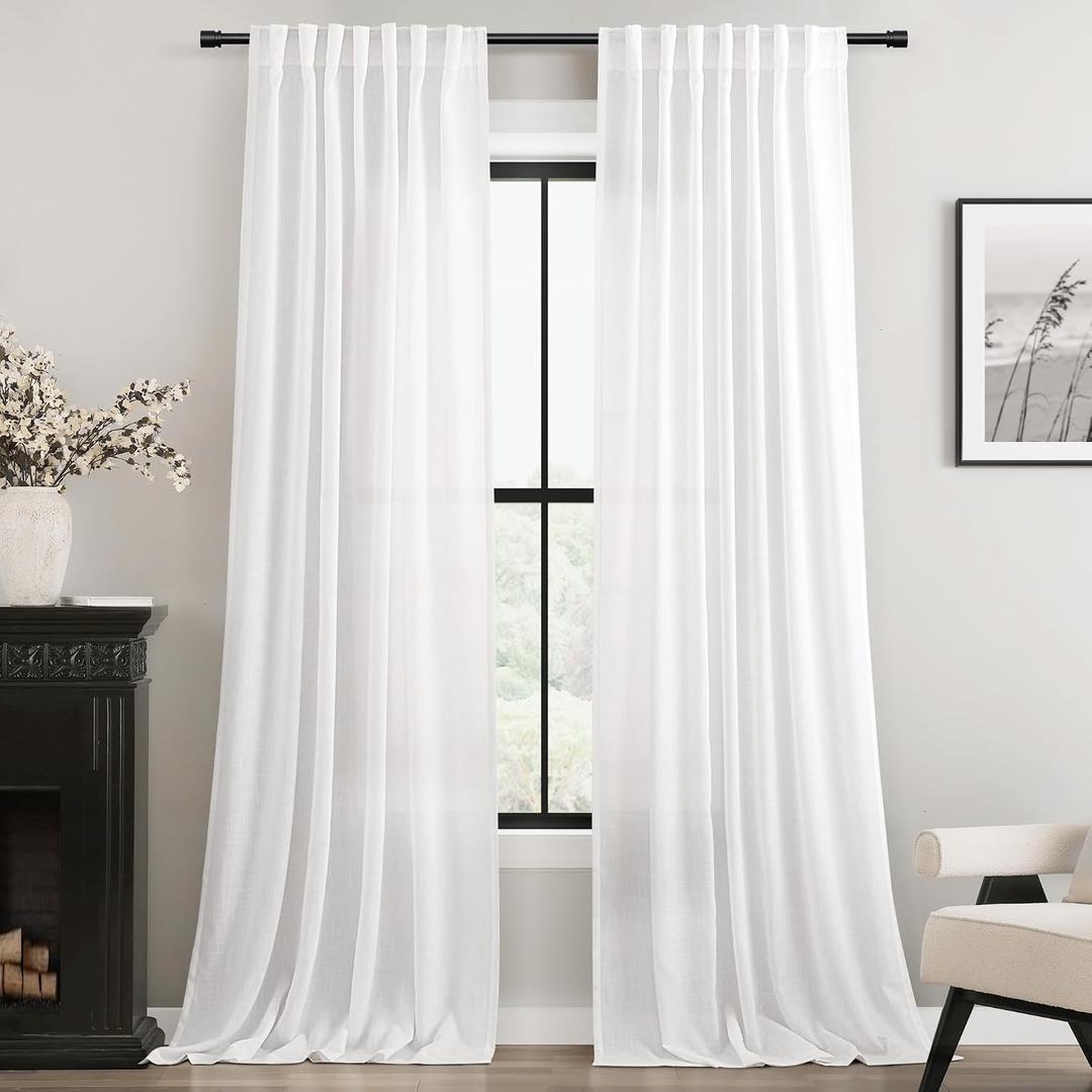 White Curtains 96 Inches Long 2 Panels Back Tab Light Filtering Cotton Textured Curtain Modern Farmhouse Coastal Decor Off White Linen Drapes for Patio Sliding Door Office Bedroom, 52"W x 96"L